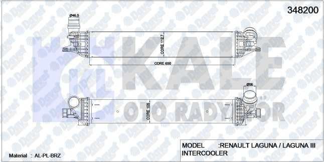 KALE 348200 Turbo Radyatoru (Intercooler) Laguna Iii 2.0 Dci (Al-Pl-Brz) (652x112x108)
